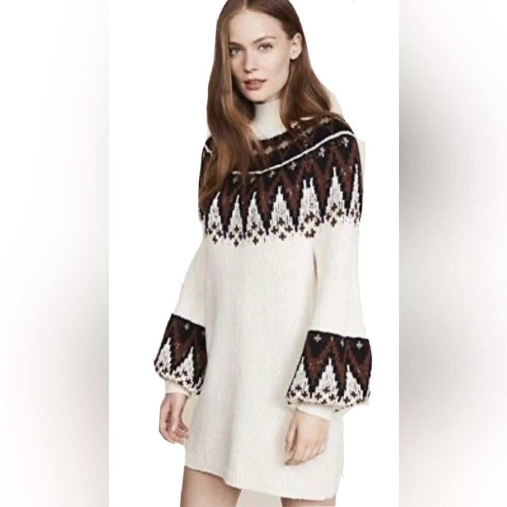 Free People Fairisle Chunky Knit Sweater Dress Nordic Iceland Balloon Sleeves